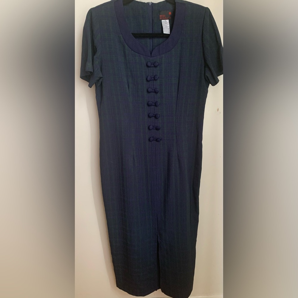 Elegant Vintage Navy Blue and Green Plaid Dress